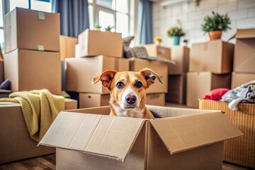 Adorable dog peers out of a cardboard box amidst a chaotic scene of packed boxes, luggage, and moving supplies in a newly relocated home.