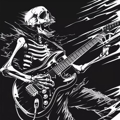 skeleton riffing some solos with his electric guitar. good for metal bands very beautiful album covers and promotional material