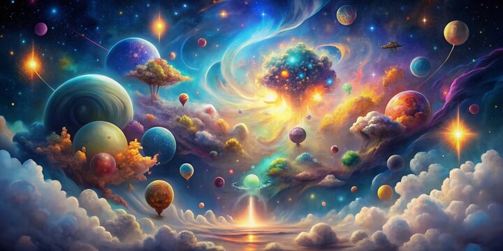 Vibrant, swirling clouds of thought and imagination erupt from a glowing, ethereal mind, overflowing with stars, planets, and whimsical creatures in a kaleidoscope of colors.