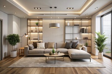 Modern minimalist living room floor plan concept featuring a sleek low-profile sofa in neutral tones surrounded by ample negative space and subtle texture.
