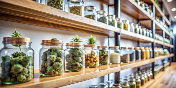 Shelves stacked with various cannabis products and accessories in a modern dispensary, with a blurred background and a subtle herbal scent in the air.