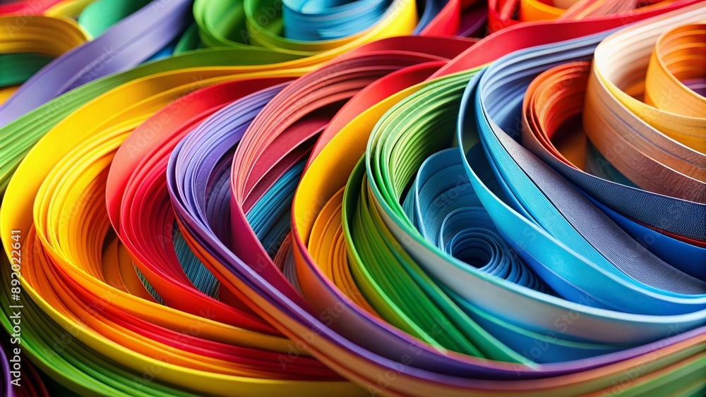 Aufkleber vibrant multi-colored paper strips overlapping and curling upwards, creating a dynamic abstract back