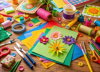 Vibrant art supplies scatter the table as colorful paper, glue, and scissors surround a half-finished greeting card, exuding warmth and creativity in a joyful crafting space.