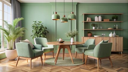 Calming Scandinavian-inspired living room with mint green chairs surrounding a round wooden dining table, adjacent to a plush sofa and cabinet against a soothing green wall.