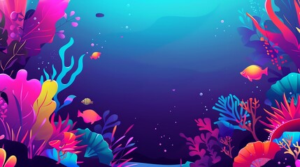 Fototapeta na wymiar Vibrant underwater scene with colorful coral, fish, and seaweed set against a deep blue ocean background, ideal for a digital illustration.