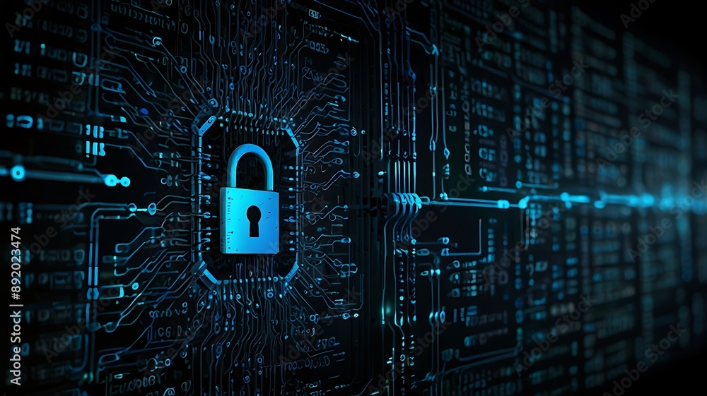 Poster padlock and keyhole on circuit board a concept symbolizing security on digital platforms. suitable f