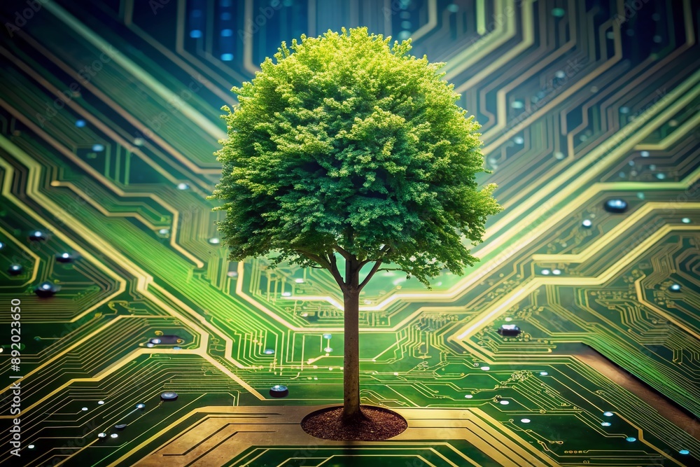 Poster vibrant tree grows from intersection of circuit board, symbolizing harmony between technology and na