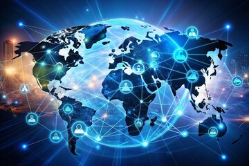 Distribution and logistics concept of global digital internet marketing and business e-commerce banner graphic concept showing global network and social media connection technology. Generative AI