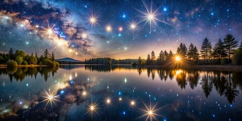 Celestial night sky with twinkling stars mirrored in a serene lake, symbolizing the infinite love and harmony that binds a happy family together.