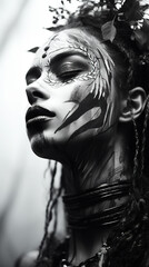 Serenity And Nature Young Women Face Portrait With Paint Or Tattoo In Black And White Of Minimalistic Art On Blurry Background
