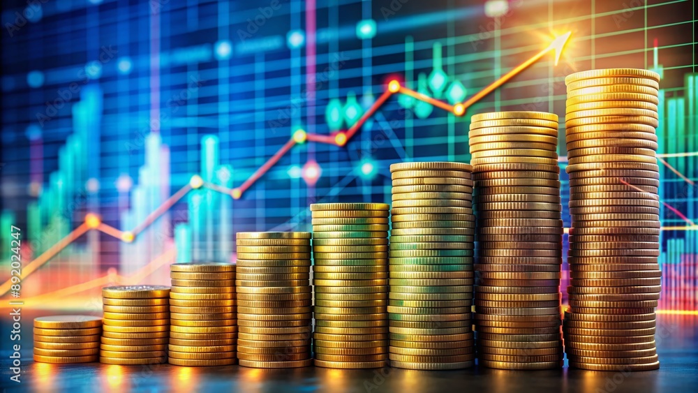 Poster colorful graph displaying financial trends converges with stacks of coins, vividly illustrating the 
