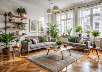 Elegant living room exudes Scandinavian charm with comfortable sofa, mid century furniture, cozy carpet, wooden floor, white walls, and lush home plants in perfect harmony.