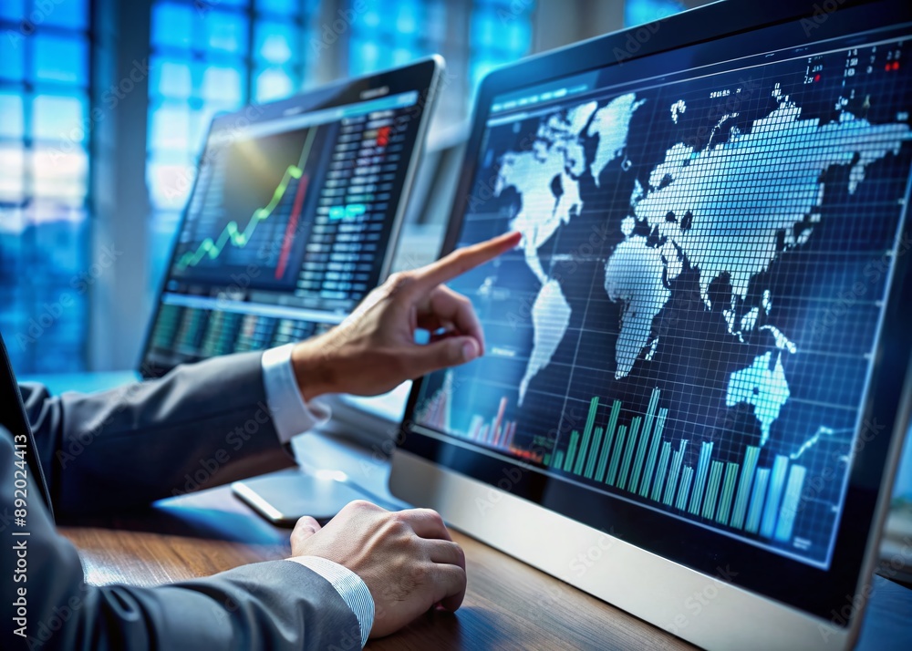 Poster a close-up of skilled hands maneuvering a complex digital dashboard, tracking global market trends a