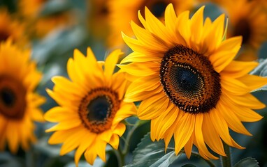Obraz premium Closeup of Vibrant Sunflowers in a Field