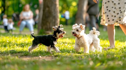 Miniature Schnauzers Meeting and Playing in the Park