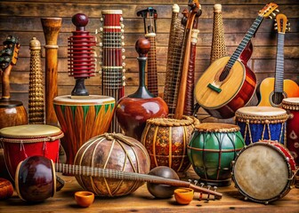 Vibrant display of exotic instruments from around the world, including African djembe, Asian erhu, Latin American maracas, and Indian sitar, celebrating cultural diversity.