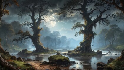 Fototapeta premium Two Ancient Trees by a Moonlit River.