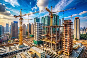 Cranes tower above a sprawling construction site, with scaffolding wrapped around partially built high-rise structures, amidst a backdrop of urban industrial development progress.