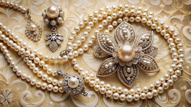 Luxurious vintage 1920s art deco style fashion accessories, including pearl necklaces, brooches, and earrings, adorn an elegant, cream-colored, ornate background with classic sophistication.