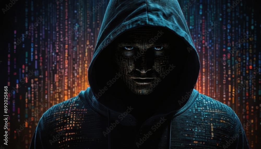 Poster mysterious hacker in a digital world.