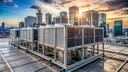 Large commercial air conditioning unit installed on rooftop, surrounded by metallic pipes and valves, with cityscape background, conveying industrial cooling systems efficiency.