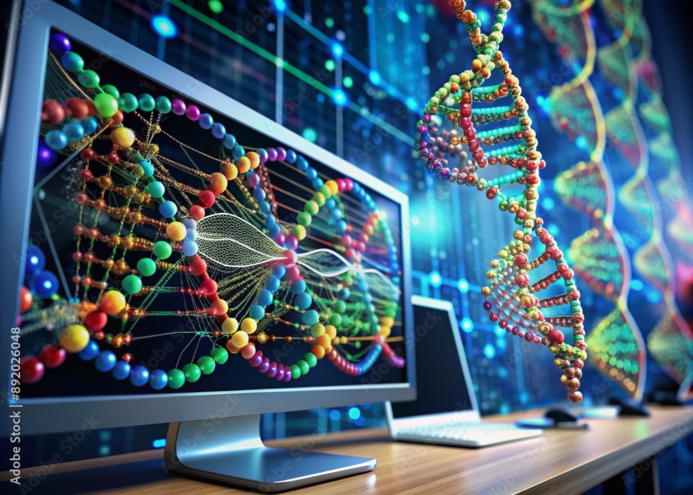 Poster colorful dna strands swirl amidst complex genome mapping software on a computer screen in a modern r