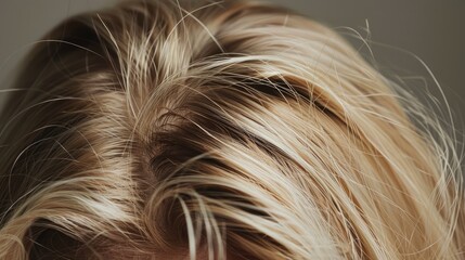 Woman with blonde hair and visible roots Hair maintenance and styling concept