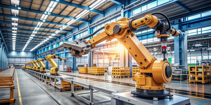 automated industrial robot arm in manufacturing factory warehouse