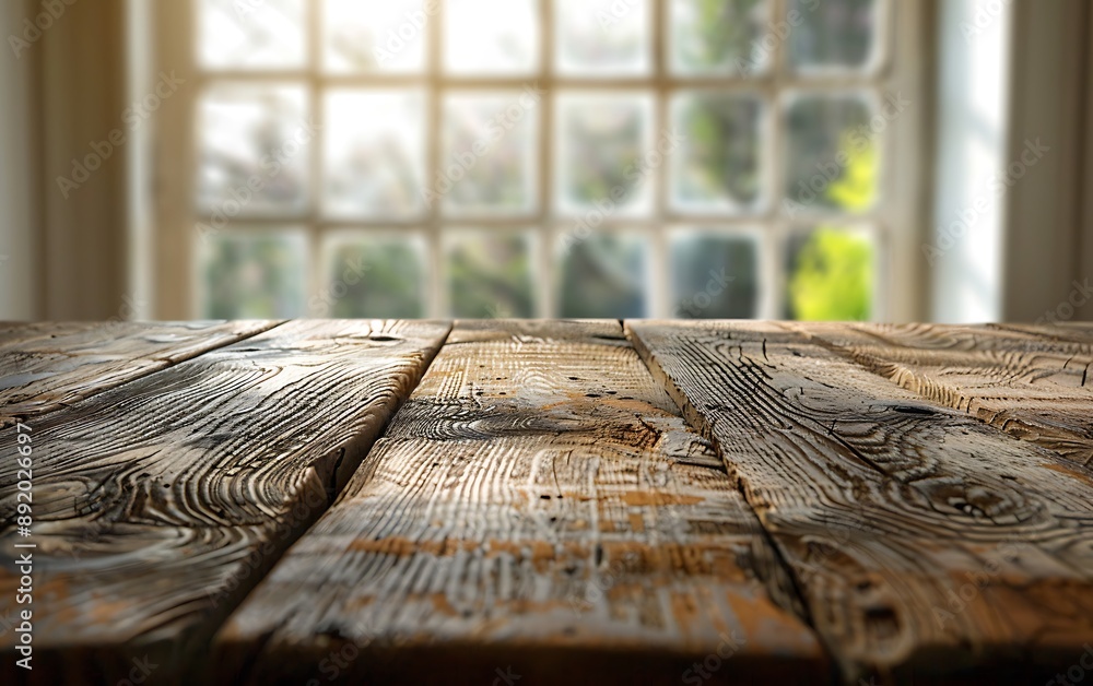 Poster rustic wooden tabletop with window view