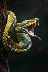 Fototapeta premium The dramatic lighting enhances the snake's green vibrant skin color, set against a dark, minimalistic background.