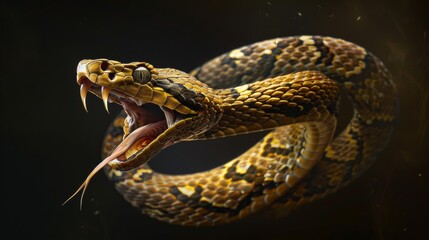 Obraz premium The dramatic lighting enhances the snake's gold and khaki scales, set against a dark, minimalistic background.