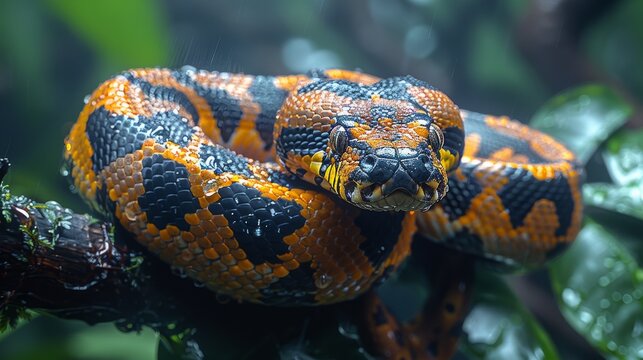 An image of a giant South American anaconda coiling itself high up on a branch of an ancient tree, with the focus on the face and piercing eyes of the massive snake. 