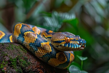 Fototapeta premium Reticulated Python on stone in juggle, Anger, Menacing, Full body view