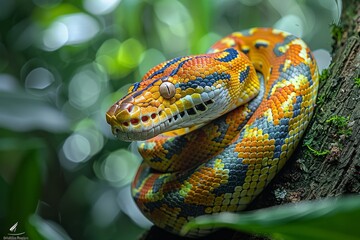 Fototapeta premium Reticulated Python with its tail wrapped around a tree, Anger, Menacing, Full body view