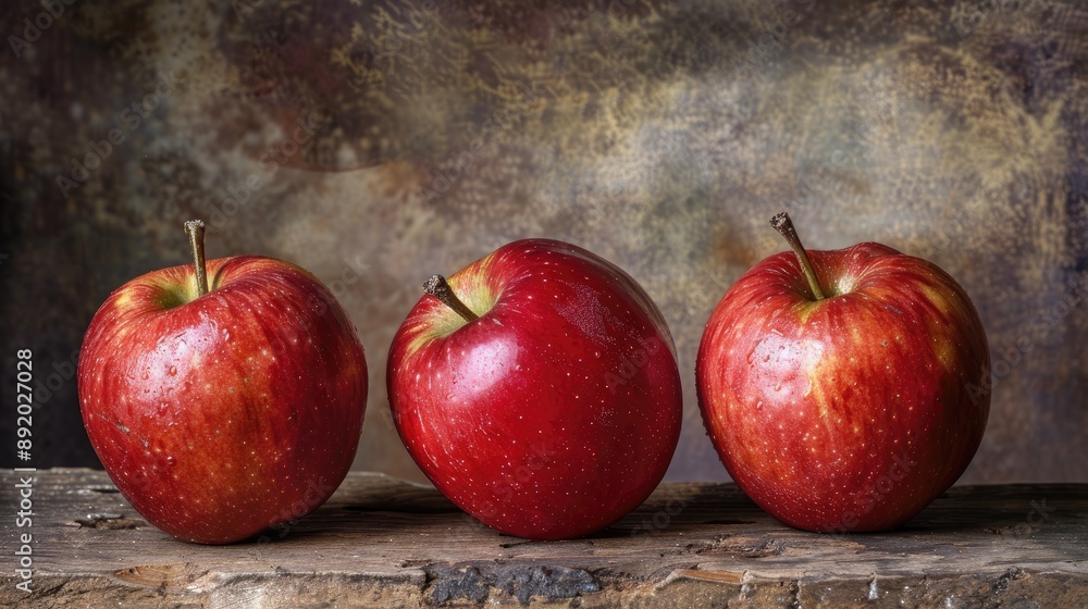 Sticker Three apples red on wood dark backdrop