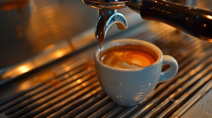 Smooth Creamy Espresso Shot with Swirling Crema in a Minimalist Ceramic Cup and Chrome Espresso Machine