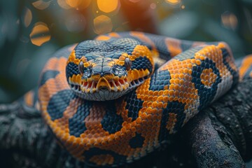 Fototapeta premium Reticulated Python wrapped around a tree, Anger, Menacing, Full body view