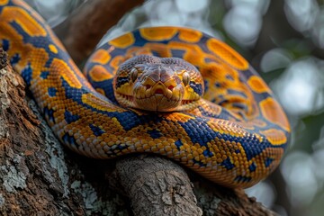 Obraz premium Top view of the Burmese Python with its tail wrapped around a tree, Anger, Menacing, Full body view
