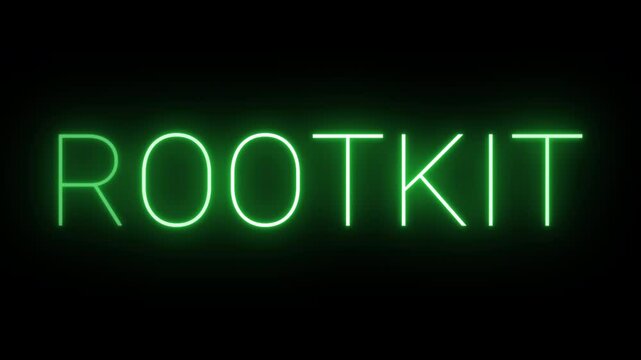 Flickering glowing green neon Rootkit sign animated black background	