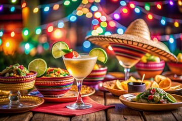 Colorful array of Mexican cuisine, margaritas, and sombreros adorn a vibrant tablecloth, set against a blurred background of lively party decorations and lights.