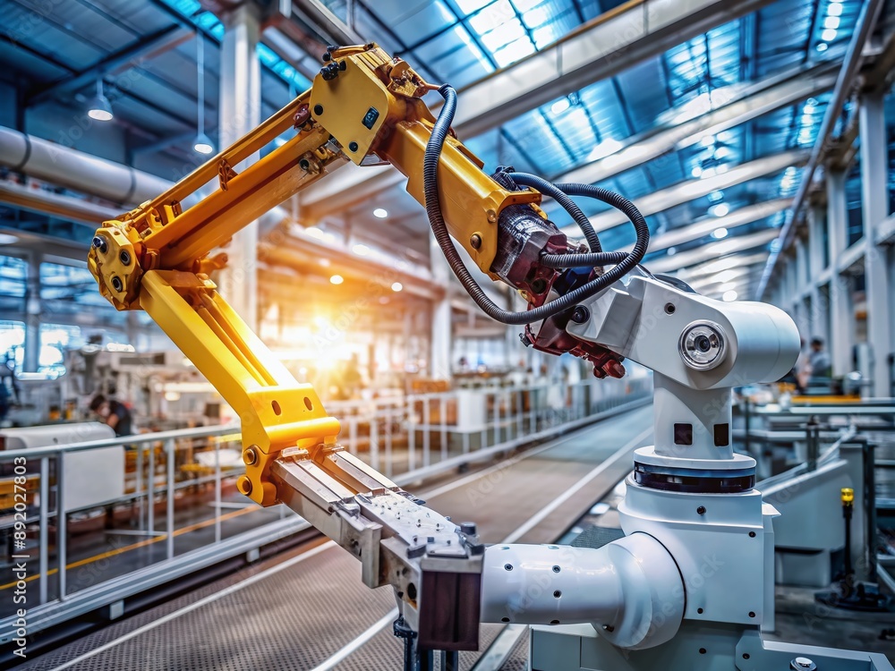 Poster a sleek, futuristic robotic arm navigates complex machinery with calculated precision, epitomizing t