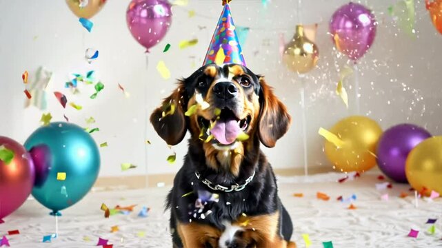 Happy cute labradoodle dog wearing a party hat celebrating at a birthday party, surrounding by falling confetti