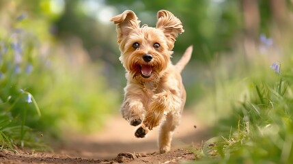 Happy Miniature Schnauzer Puppy Sprinting on Forest Trail