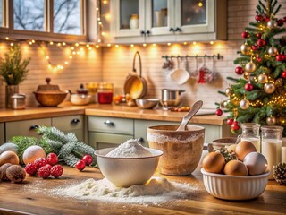 Fototapeta premium Warmly lit kitchen scene with flour-dusted countertops, vintage mixing bowls, and festive holiday decorations, evoking a sense of joyful family baking traditions.