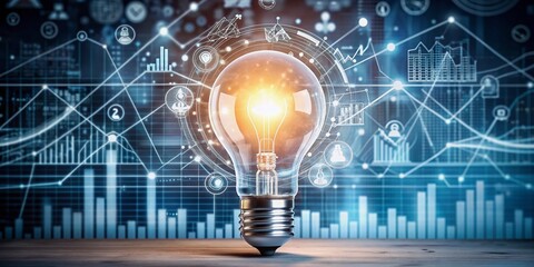 A glowing light bulb surrounded by futuristic graphic icons and charts, representing innovative business planning ideas for investment and growth strategies.