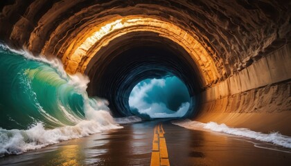 Ocean Wave Crashing Through Tunnel.