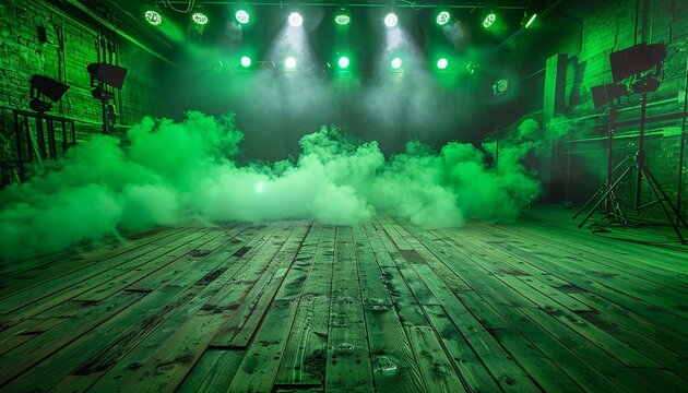 Stage with green lighting and atmospheric smoke