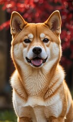 Shiba Inu Dog Portrait with Blurry Red Background.