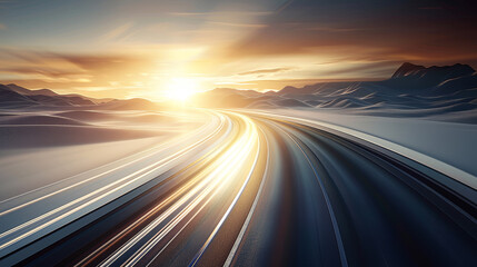 Obraz premium Dynamic sunrise over a winding highway, conveying speed and motion in a scenic landscape with mountains in the distance.