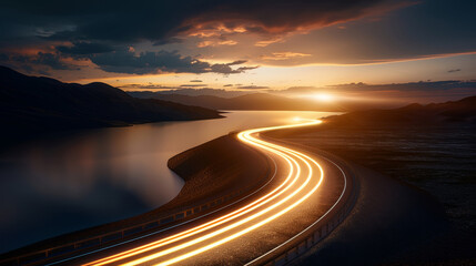 Stunning twilight road with light trails by a serene lake and dramatic sky, capturing the essence of movement and tranquility.